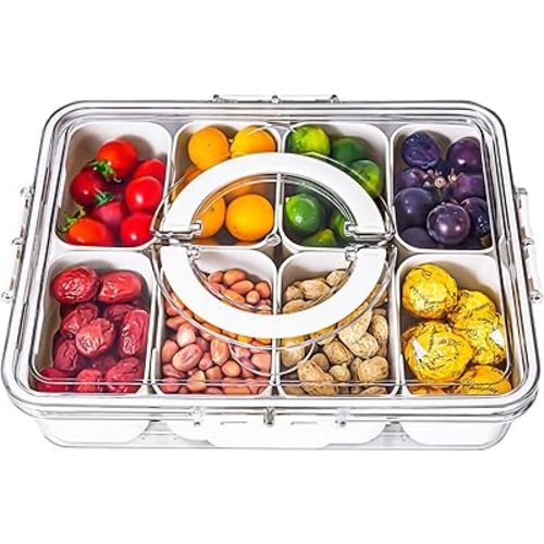 Divided Serving Tray with Lid and Handle - Snackle Box Charcuterie Container for Portable Snack Platters - Clear Organizer for Candy, Fruits, Nuts, Snacks - Perfect for Party, Entertaining