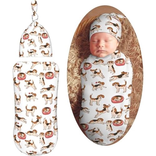 Cute Beagle Dog Newborn Swaddle Blankets Hat Sets Soft Baby Receiving Blanket Swaddle Sack for Baby Shower Infant Boy Girl Gift