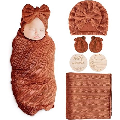 Newborn Receiving Blanket Wheat-Pattern Baby Girl Swaddles Wraps with Bow Hat Mittens Wooden Card for Newborns Toddler Gift Baby Essentials