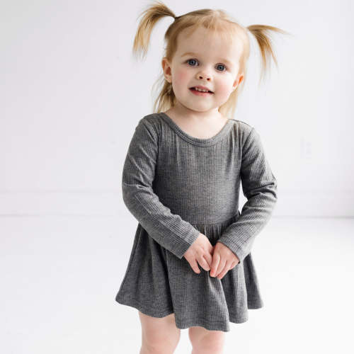 Heather Charcoal Ribbed Long Sleeve Twirl Dress With Bodysuit