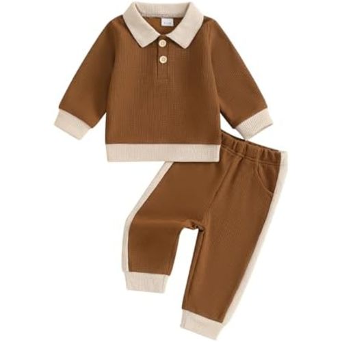 Kuriozud Toddler Boy Fall Clothes Baby Long Sleeve Lapel Button Shirt Color Block Pocket Pants Set Baby Boy Winter Outfit