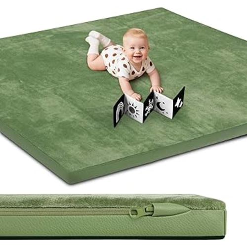 Baby Play Mat, Leather & Velvet Mat, Double-Sided/Reversible, 50x50 Playpen, 1.3" Thick Non-Toxic Cushioned, Waterproof Soft Crawling for Infants and Toddlers, Green