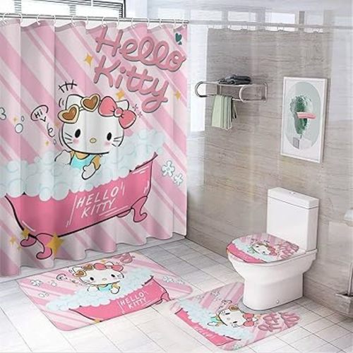 Cute Shower Curtain Set 4 Piece with Non-Slip Rugs, Toilet Lid Cover and Bath Mat Cartoon Bathroom Decor 72 x 72inch, Cutecrt01