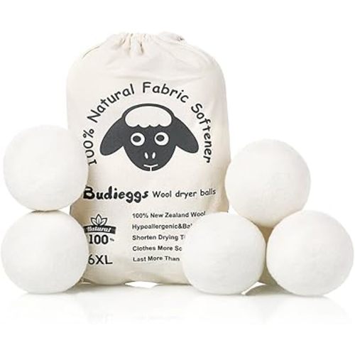 Wool Dryer Balls Organic XL 6-Pack, 100% New Zealand Chemical Free Fabric Softener for 1000+ Loads, Baby Safe & Hypoallergenic, Reduce Wrinkles & Shorten Drying Time Naturally