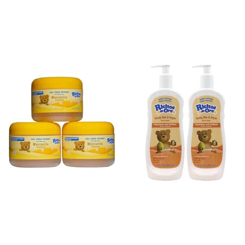 Ricitos de Oro Chamomile Alcohol-Free Hairstyling Gel 3-Pack, Honey and Argan Baby Body Lotion 2-Pack for Smooth Skin