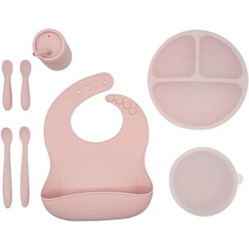 WeeSprout Baby Led Weaning Bundle, Silicone Suction Bowl, Spoons, Bib & Cup, Develops Self Feeding Skills, Dishwasher Safe (Pink)