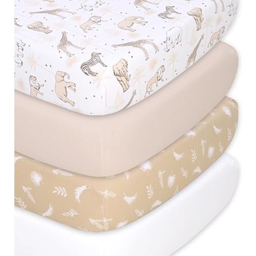 The Peanutshell 4-Pack Organic Fitted Crib Sheet Set - Soft & Breathable Baby Girl or Boy Crib Sheets, 100% Jersey Cotton Nursery Decor, Fit for Standard Crib Mattress Sheet - Caramel Safari