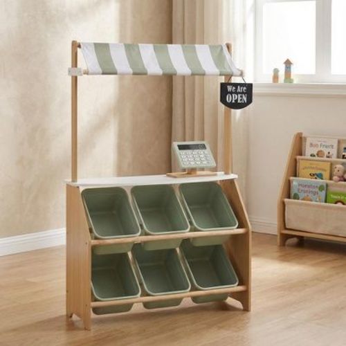 Teamson Kids Little Helper Farmers Market Pretend Play Stand with Storage Bins & Awning