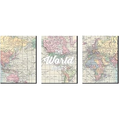 Big Dot of Happiness World Awaits - Nursery Wall Art, Kids Room Decor and Travel Map Home Decorations - Gift Ideas - 7.5 x 10 inches - Set of 3 Prints