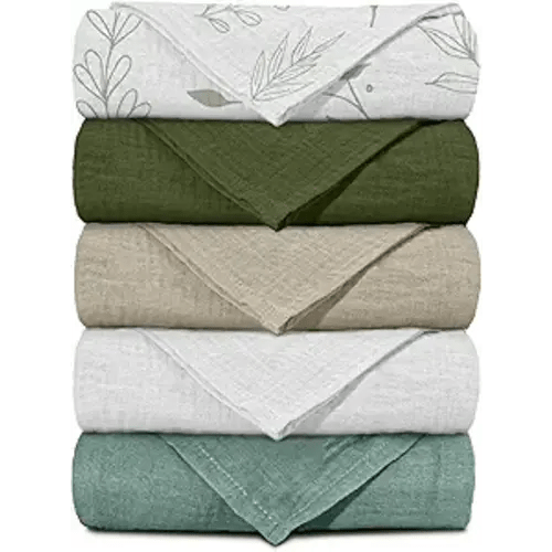 Muslin Receiving Blankets, Neutral Blanket Swaddling for Newborn Boys and Girls, 5 Pack Breathable and Skin-Friendly Swaddle Wrap for Infant Baby (Bright Leaves)