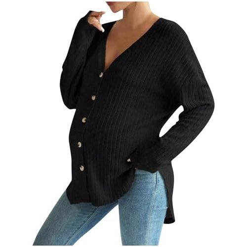 Women's Maternity Long Sleeve Shirt Ribbed Knit Nursing Tee Tops Button Down Shirt Loose Fit Tunic Sweater Cardigan