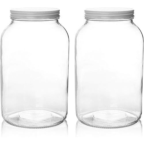 kitchentoolz 1 Gallon Glass Jar with Lid Wide Mouth Large Mason, Leak Proof Airtight Metal Lid for Fermenting Kombucha Kefir Kimchi, Canning, Egg Water Glassing, & Preserving - Pack of 2