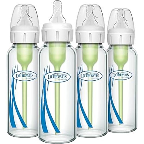 Dr. Brown's Natural Flow Anti-Colic Options+ Narrow Glass Baby Bottle 8 oz/250 mL, with Level 1 Slow Flow Nipple, 4 Pack, 0m+