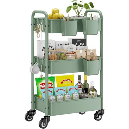 YASONIC 3-Tier Rolling Cart, Green, 66 Pounds Capacity, Mesh Storage Organizer with Lockable Wheels, 3 Hanging Cups, 4 Hooks, Easy Assembly, for Kitchen, Bathroom, Laundry, Grocery