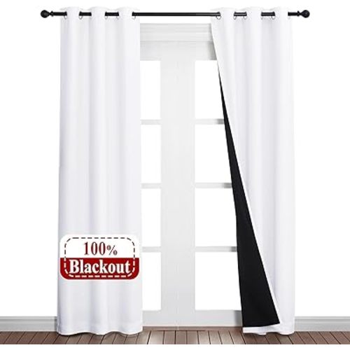 NICETOWN White Blackout Curtains 80 inches Long, 2 Pieces, 37" Wide Each Panel, Full Light Blocking Drapes with Black Liner for Nursery, Noise Reducing Thermal Insulated Draperies for Doorway
