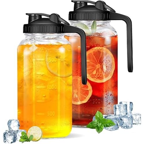 2Pack Glass Pitcher - 64 OZ Mason Jar Glass Jug Breast milk Containers, Wide Mouth,Airtight & Leakproof Pitcher with Pour Spout Lids for Water, Juice, Milk, Tea, Iced Coffee