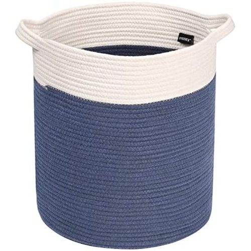 Syeeiex Large Decorative Blanket Basket 16'' x 14'' Blanket Basket Living Room Basket for Blankets for Yoga Mat,Blanket,Towel,Toy,Navy Bule & White