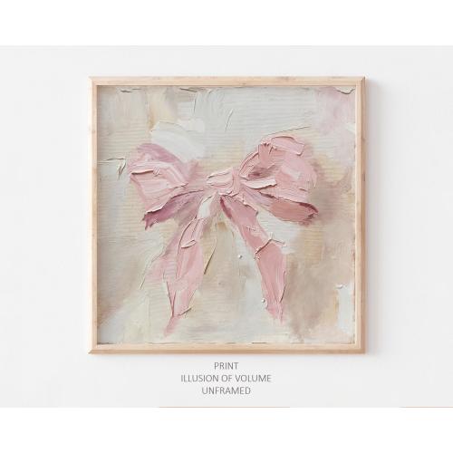 Pink Bow Oil Print Coquette Bow Painting Neutral Girly Apartment Wall Art Beige Pink PRINT from an original oil painting