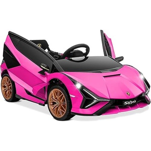 OLAKIDS Kids 12V Licensed Lamborghini SIAN Ride On Car, Electric Vehicle for Toddler with Control Remote, Battery Powered Toy with Music, Horn, 2 Speeds, Suspension, LED Lights, Bluetooth, USB (Pink)