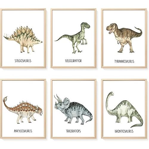 JJX 6Pcs Dinosaurs Nursery Canvas Wall Art Watercolor Triceratops Stegosaurus Tyrannosaurus Boy Paintings Pictures Wall Decor Poster Printing Artwork for Boys Kids Childrens Room Bedroom Unframed