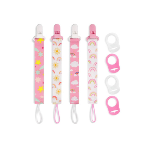 4 Pack Pacifier Clips for Boys Girls, Dummy Clips Baby with Adapters, Silicone Binky Clips for Baby Teething Toys Baby Shower (Pink+White)