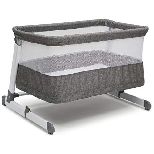 Simmons Kids Room2Grow 2-in-1 Newborn Bedside Bassinet & Infant Sleeper - Height Adjustable Portable Crib with Wheels & Airflow Mesh, Grey Tweed