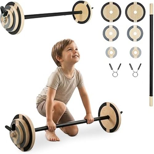 Play Platoon Wood Kids Workout Equipment Weight Set for Indoor Toddler Gym, Kid Exercise Equipment Weights Sets for Boys & Girls with Real Barbell Clips