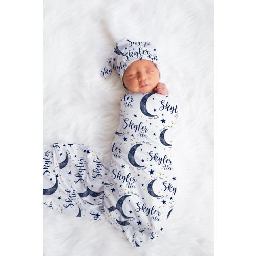 Moon Swaddle Set, Personalized Moon and Stars Baby Blanket, Moon Boy Swaddle Blanket, New Baby Gift, Love You To The Moon and Back, T10