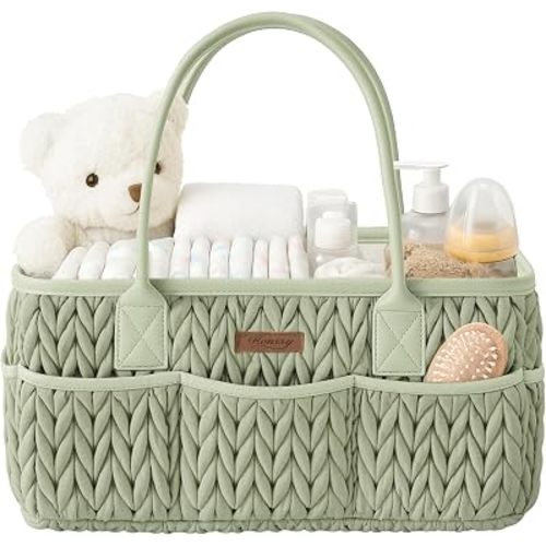 Konssy Baby Diaper Caddy Organizer, Braided Quilted Design with PU Handles | Water-Repellent, Portable Diaper Caddy Basket, Boho Nursery Organizer for Changing Table, Newborn Essentials (Beige)