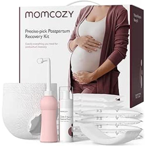 Momcozy Postpartum Recovery Essentials Kit, 19PCS Labor Delivery Mom Care Set, Self-Absorbent Disposable Underwear Upside Down Peri Bottle Instant Soothing Ice Pads Natural Essence Foam Canvas Bag Kit