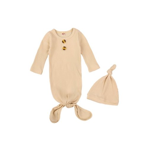 Newborn Baby Knit Sleeper Gown Cotton Knotted Nightgown Soft Sleepwear Pajamas with Hat Set