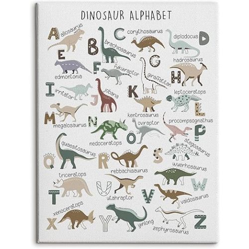 HRQKO Dinosaur Alphabet Canvas Wall Art, Dinosaur Nursery Framed Art, Kids Room Decor, Alphabet Educational Posters Wall Decor for Classroom Toddler Kids Nursery Bedroom Playroom, 11x14 inch
