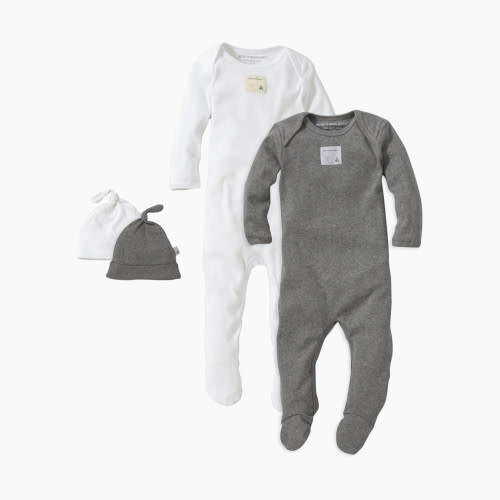 Burt's Bees Baby Organic Footed Coverall & Knot Top Hat (2 Pack) - Heather Grey/Cloud, 3-6 Months