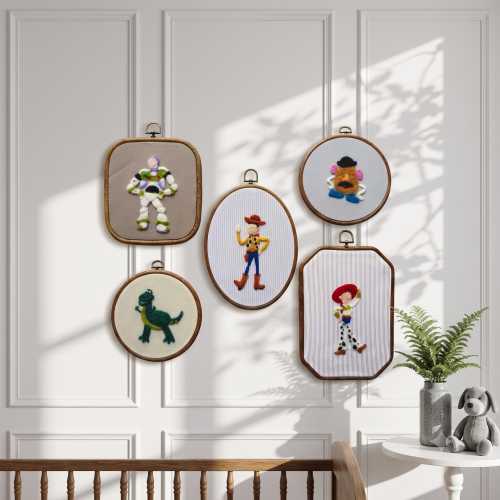 Nostalgic Childhood Toy Inspired Needle Felted Wall Art Set | Cowboy, Cowgirl, Space Ranger, Dinosaur and Mr.Potatohead Hoops