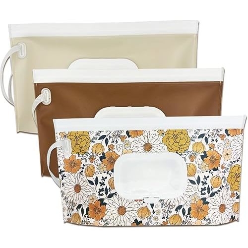 Wipe Dispenser,3-Pack Portable Refillable Wipe Container,Reusable Travel Baby Wipes Dispenser, Waterproof and Dustproof( Vintage Floral & Cream& Brown)…