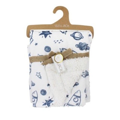 Lila and Jack Baby Blanket Blue Rocket Printed Mink with Natural Sherpa Backing Kids' Throw