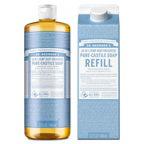 Dr. Bronner’s Pure-Castile Liquid Soap Bottle & Refill Carton - Made with Regenerative Organic Certified Oils, 82% Less Plastic-18-in-1 Uses for Face, Body Wash, Hand Soap Refill- Baby Unscented,32 oz
