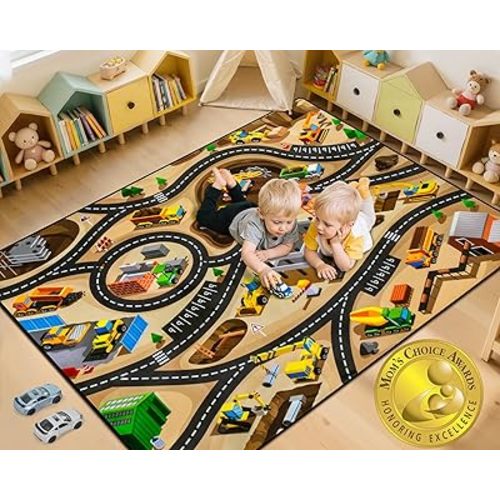 Kids 3x5 Ft Construction Site Car Rug - Extra Thick (0.4in),Tufted Wool & Rubber, Non-Slip, Stain & Fade Resistant, Machine Washable, Rustic Cartoon Construction Site Pattern