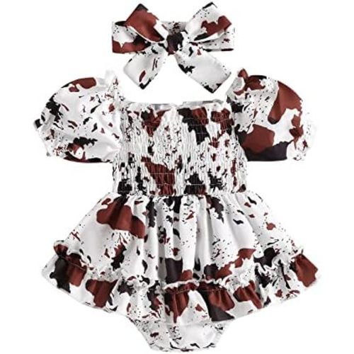 YINGISFITM Infant Baby Girl Long Sleeve Bubble Romper Ruffled Dress Cow Print Onesie Summer Dresses Cute Clothes