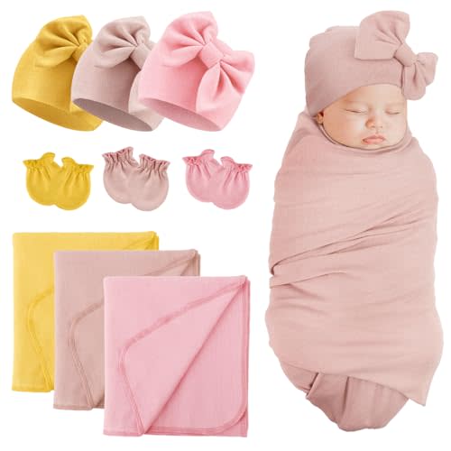 DRESHOW BQUBO Newborn Receiving Blanket Bow Hat Gloves Set Cotton Warm Baby Swaddle Blanket Wrap Baby Sleep Sack Shower Gift