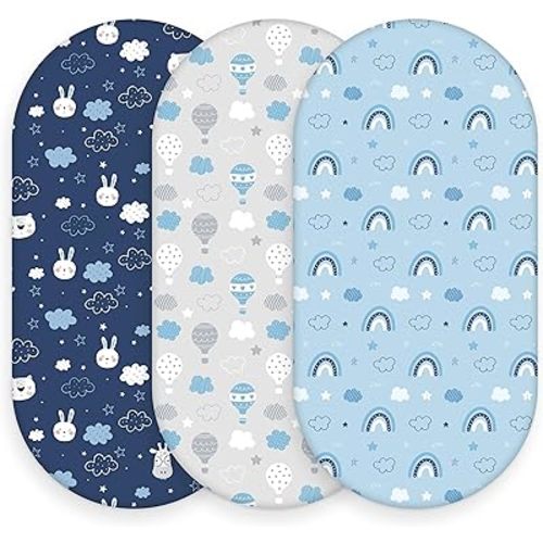 Baby Bassinet Sheets, 3 Pack Fitted Bassinet Mattress Sheets, Compatible with Halo Bassinest Swivel Sleeper & Oval Hourglass Rectangle Mattress, Ultra Soft Blue Cloud Animal