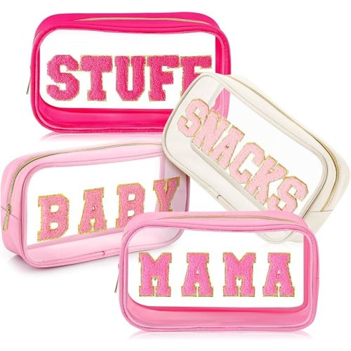 4 Pcs Mama and Baby Toiletry Bag Clear Chenille Letter Pouch Snacks Makeup Stuff Travel Diaper Bag Preppy Transparent Pouch with Zipper for Women Gift(Bright Color)