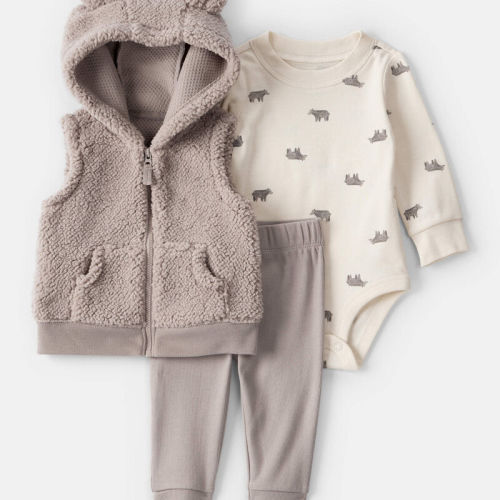Tan/Ivory Baby Boy 3-Piece Bear Print Sleeveless Jacket, Bodysuit & Pant Set - Tan/Ivory | Carter’s Oshkosh Canada