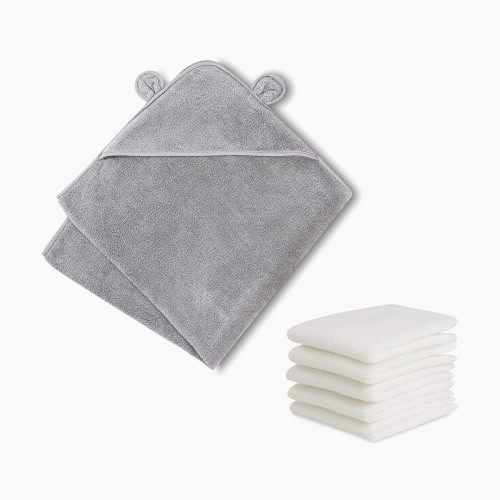 Natemia Organic Baby Hooded Towel and Washcloth Bundle - Grey & White
