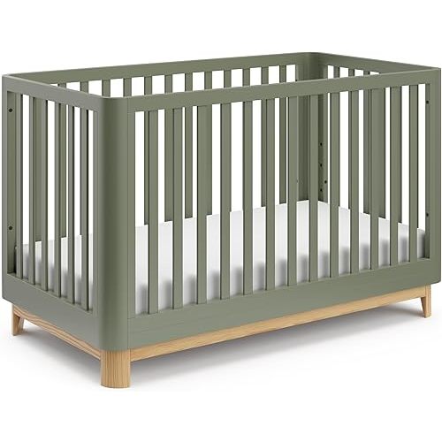 Storkcraft Santos 3-in-1 Convertible Crib (Olive with Natural) – GREENGUARD Gold Certified, Fits Standard Crib Mattress, Converts to Toddler Bed and Daybed, Rounded Details, Designer Edition