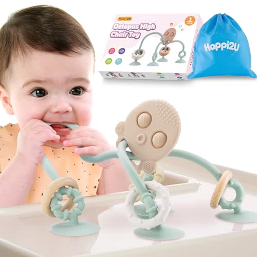 Happi2U Baby Teething Toys, High Chair Toy with Suction Cup for Infant Toddlers 6 12 18 24 Month, Food Grade Silicone Teether with Oak Loop, Montessori Sensory Educational Baby Bath Toy Gifts (Green)
