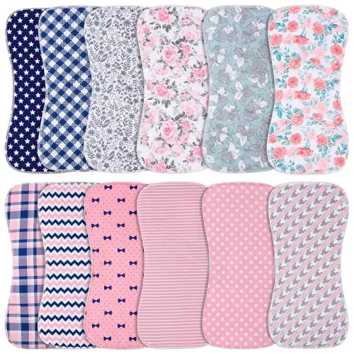 Baby Burp Cloths & Baby Bibs 2-in-1 Design Large Size 3 Layers Thicken 100% Cotton Super Absorbent and Soft Baby Spit Up Burping Rags Baby Burp Cloth Set for Girls 12 Pack