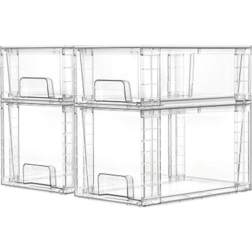 Vtopmart 4 Pack Clear Stackable Storage Drawers,Easy to Assemble Bathroom Organizers and Storage with handles,Plastic Drawers for Kitchen Pantry,Cabinet,Under Sink Organization