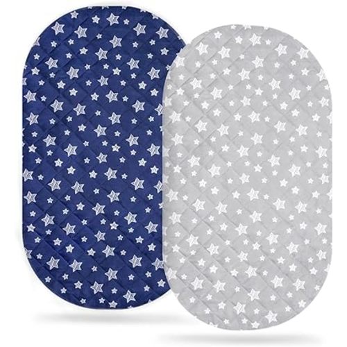 Bassinet Mattress Pad Cover 33" X 17", Waterproof, Flexible for Different Cradle and Bassinet Mattress- Rectangle,Hourglass,Oval, 2 Pack, Soft & Breathable, Grey & Navy