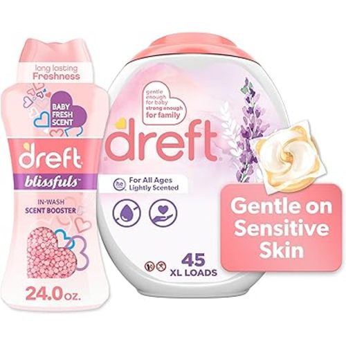 Dreft Laundry Bundle: Dreft Detergent Pacs, Lightly Scented, Lavender, HE Compatible, 45 Count + Dreft Blissfuls In-Wash Scent Booster Beads, Baby Fresh Scent, 24 oz